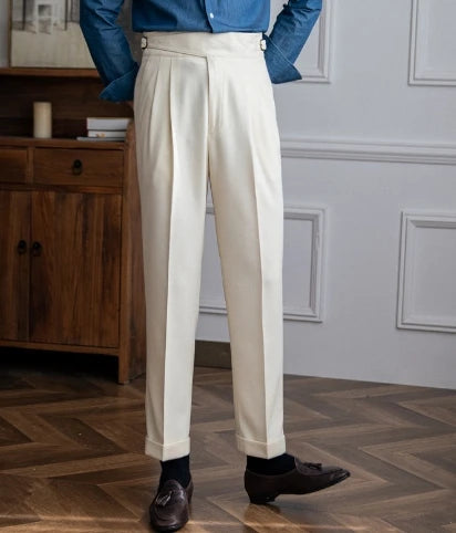 2024 New British Style Men High Waist Casual Dress Pant Belt Design Slim Trousers Formal Office Social Wedding Party Dress Suit Hussaynce