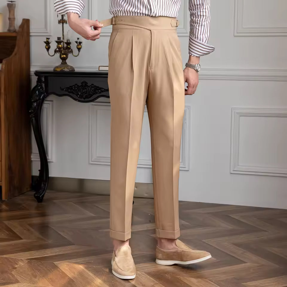 Husync British High-Waist Men’s Trousers – Luxury Retro Business Casual Straight Pants | Elegant Naples-Style Tailored Fit in Green, Blue, Khaki Hussaynce