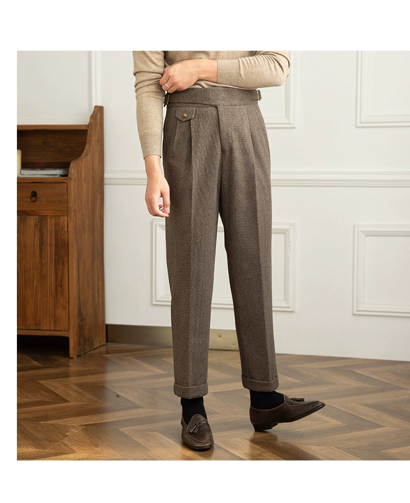 Deer Sanxian Business Gurkha Casual High Waist Straight Pants Commuter Autumn and Winter Warm Retro Straight Pants Men Hussaynce