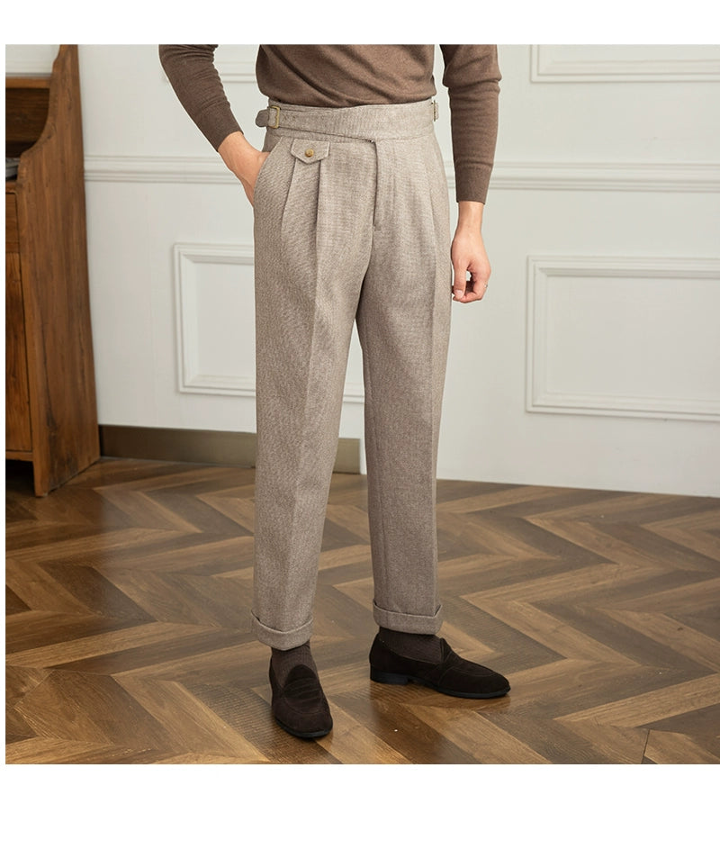 Deer Sanxian Business Gurkha Casual High Waist Straight Pants Commuter Autumn and Winter Warm Retro Straight Pants Men Hussaynce