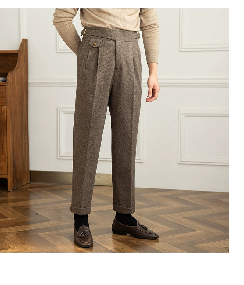 Deer Sanxian Business Gurkha Casual High Waist Straight Pants Commuter Autumn and Winter Warm Retro Straight Pants Men Hussaynce