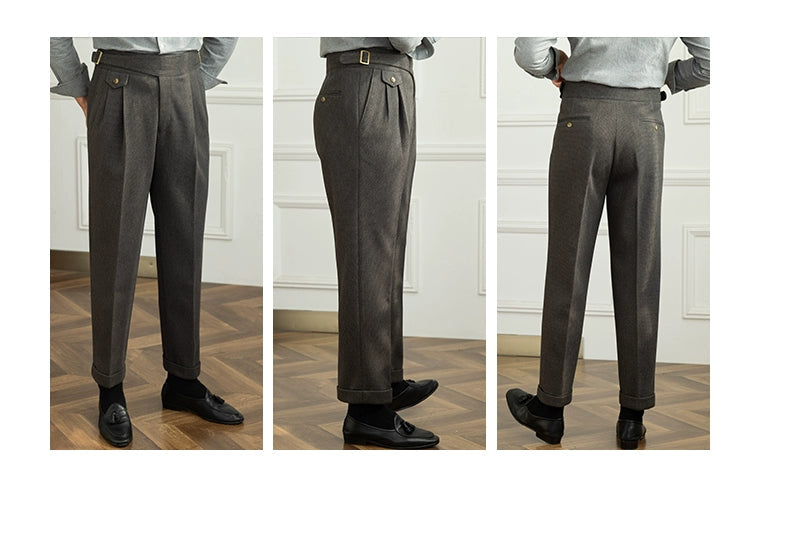 Deer Sanxian Business Gurkha Casual High Waist Straight Pants Commuter Autumn and Winter Warm Retro Straight Pants Men Hussaynce