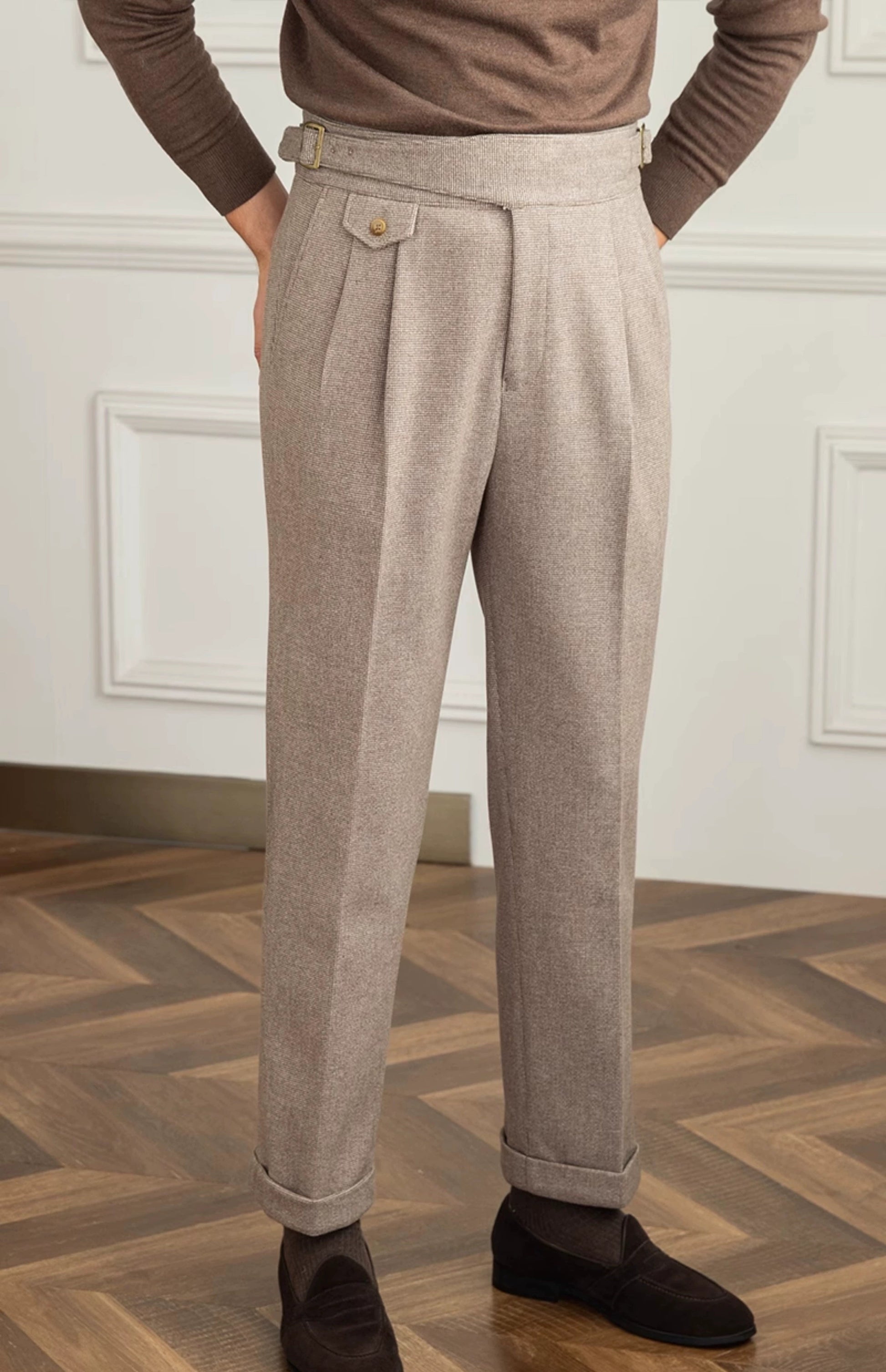 Deer Sanxian Business Gurkha Casual High Waist Straight Pants Commuter Autumn and Winter Warm Retro Straight Pants Men Hussaynce