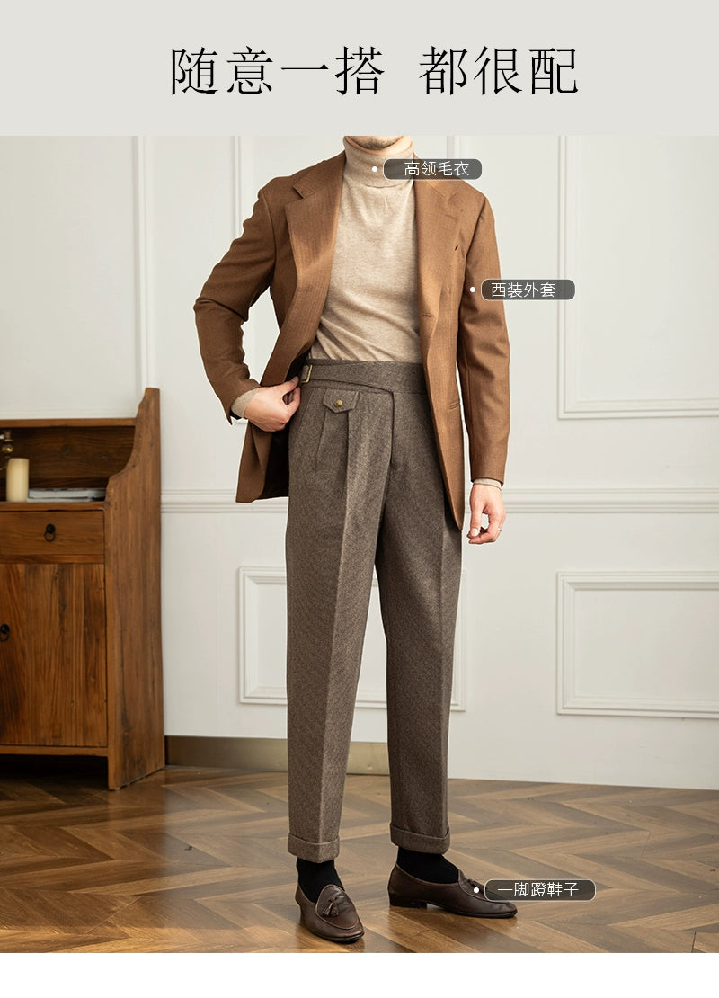 Deer Sanxian Business Gurkha Casual High Waist Straight Pants Commuter Autumn and Winter Warm Retro Straight Pants Men Hussaynce