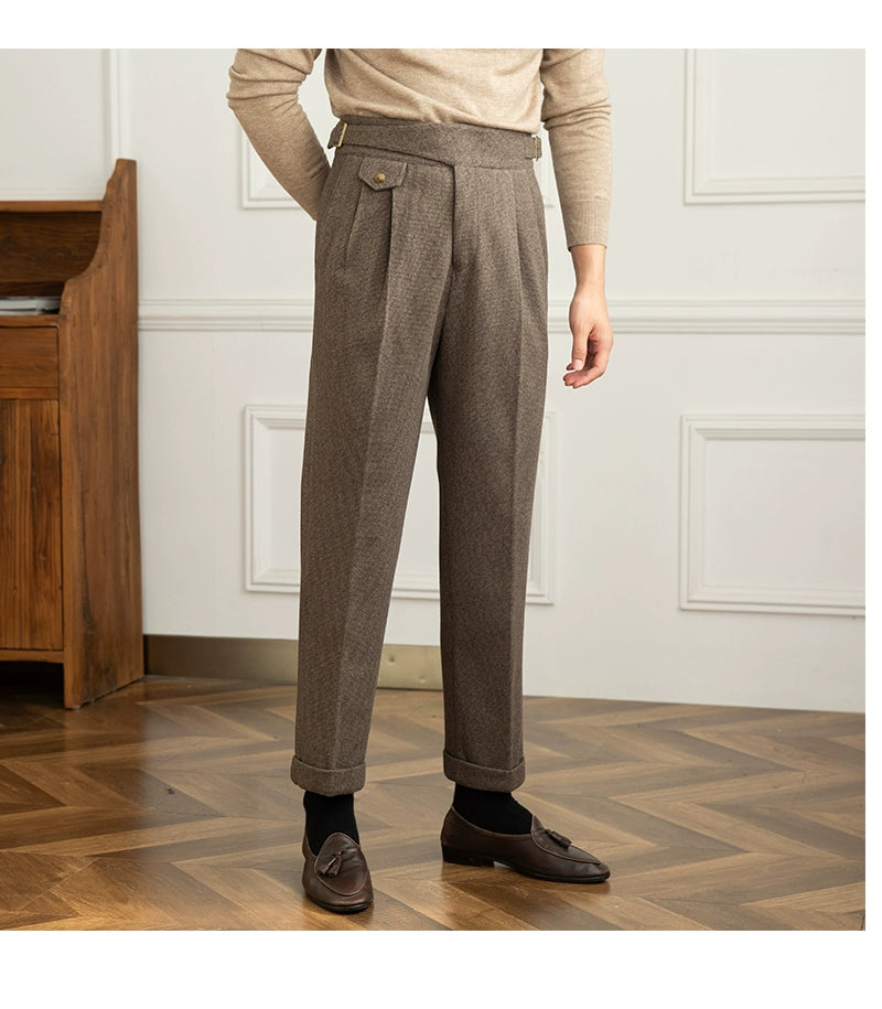 Deer Sanxian Business Gurkha Casual High Waist Straight Pants Commuter Autumn and Winter Warm Retro Straight Pants Men Hussaynce