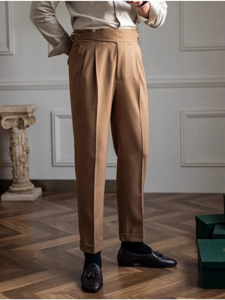 2024 New British Style Men High Waist Casual Dress Pant Belt Design Slim Trousers Formal Office Social Wedding Party Dress Suit Hussaynce