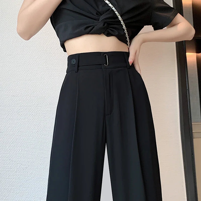 Seoulish Summer Women's Casual Pants Wide Leg Pants Elegant Office Lady 2024 New Solid Color High Waist Loose Trousers Female Hussaynce