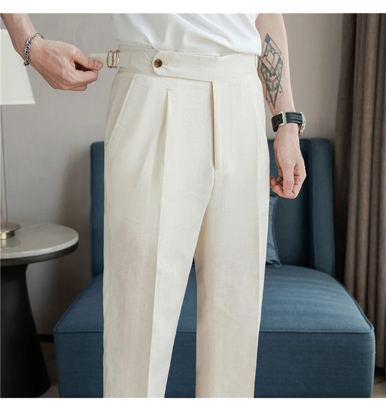 90% Linen 10% Cotton 2024 Suit Pants Naples Breathable Casual Pants Men's Height Suit Pant M-3XL Men's Straight Pants