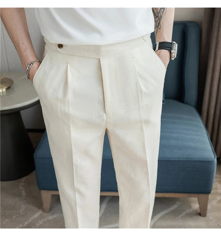 90% Linen 10% Cotton 2024 Suit Pants Naples Breathable Casual Pants Men's Height Suit Pant M-3XL Men's Straight Pants