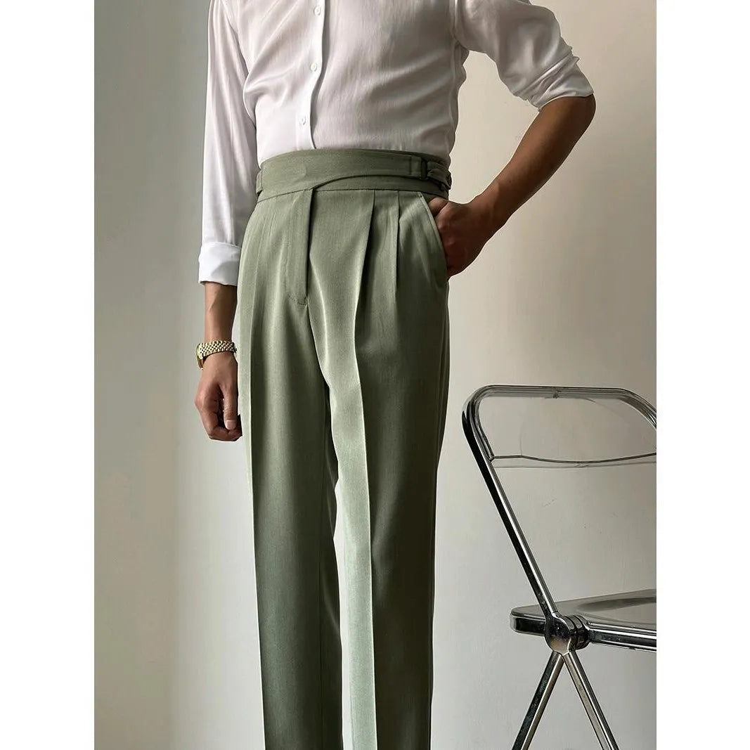 British High Waist Men Pants Luxury Retro Business Casual Naples Straight Trousers Green Blue Khaki Elegant Male Long Trousers