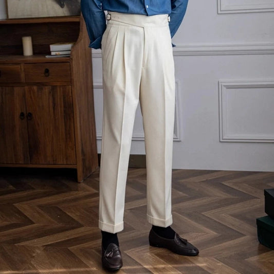 2024 New British Style Men High Waist Casual Dress Pant Belt Design Slim Trousers Formal Office Social Wedding Party Dress Suit Hussaynce