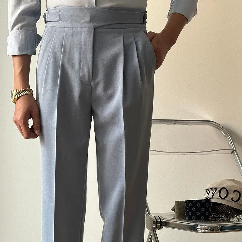 British High Waist Men Pants Luxury Retro Business Casual Naples Straight Trousers Green Blue Khaki Elegant Male Long Trousers
