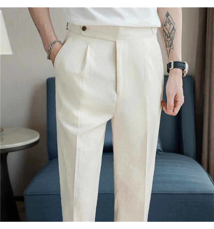 90% Linen 10% Cotton 2024 Suit Pants Naples Breathable Casual Pants Men's Height Suit Pant M-3XL Men's Straight Pants