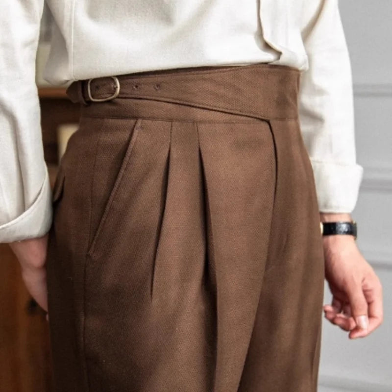 2024 New British Style Men High Waist Casual Dress Pant Belt Design Slim Trousers Formal Office Social Wedding Party Dress Suit Hussaynce