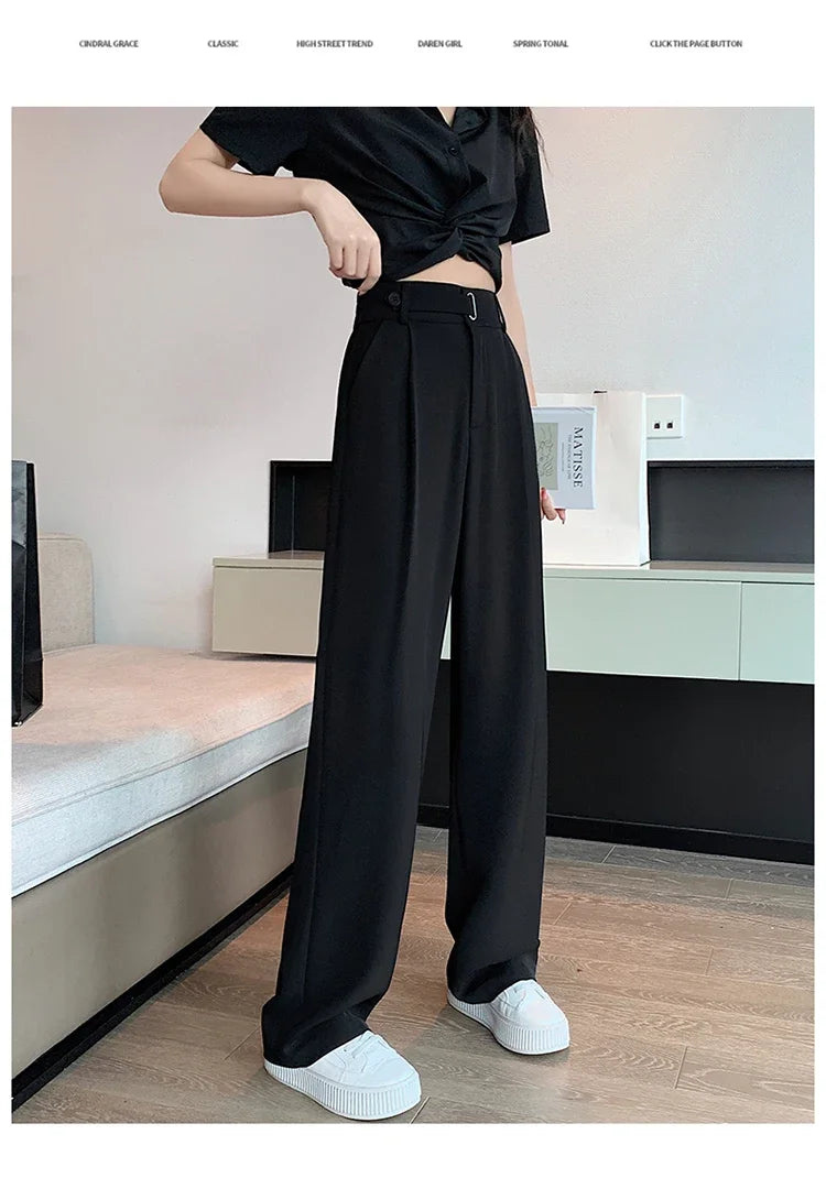 Seoulish Summer Women's Casual Pants Wide Leg Pants Elegant Office Lady 2024 New Solid Color High Waist Loose Trousers Female Hussaynce