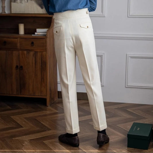 2024 New British Style Men High Waist Casual Dress Pant Belt Design Slim Trousers Formal Office Social Wedding Party Dress Suit Hussaynce