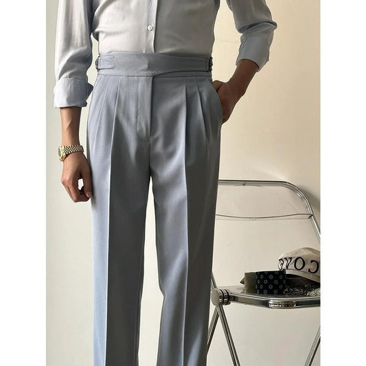 British High Waist Men Pants Luxury Retro Business Casual Naples Straight Trousers Green Blue Khaki Elegant Male Long Trousers