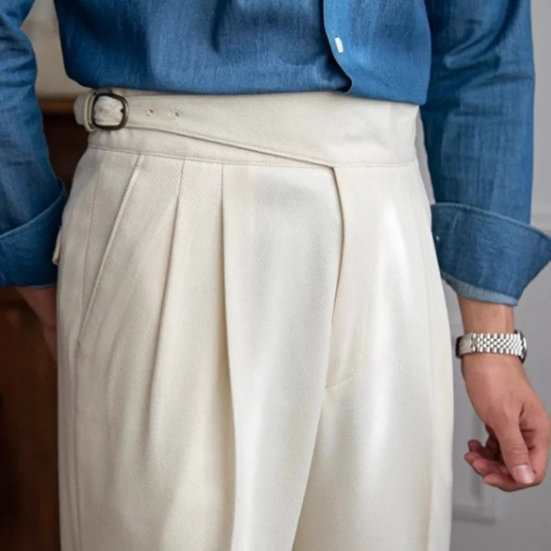 2024 New British Style Men High Waist Casual Dress Pant Belt Design Slim Trousers Formal Office Social Wedding Party Dress Suit Hussaynce