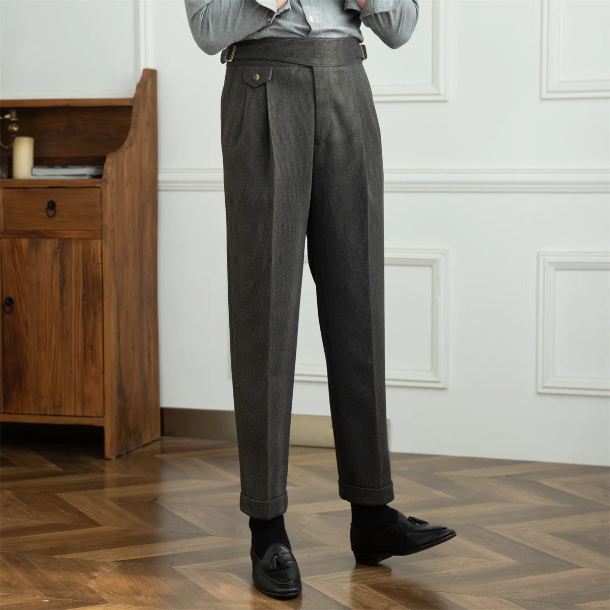 Deer Sanxian Business Gurkha Casual High Waist Straight Pants Commuter Autumn and Winter Warm Retro Straight Pants Men Hussaynce