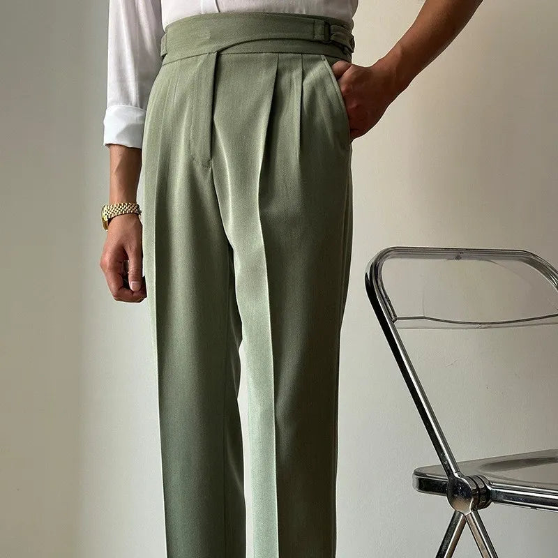 British High Waist Men Pants Luxury Retro Business Casual Naples Straight Trousers Green Blue Khaki Elegant Male Long Trousers