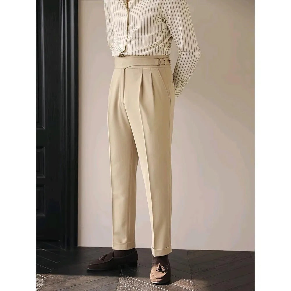 British High Waist Men Pants Luxury Retro Business Casual Naples Straight Trousers Green Blue Khaki Elegant Male Long Trousers