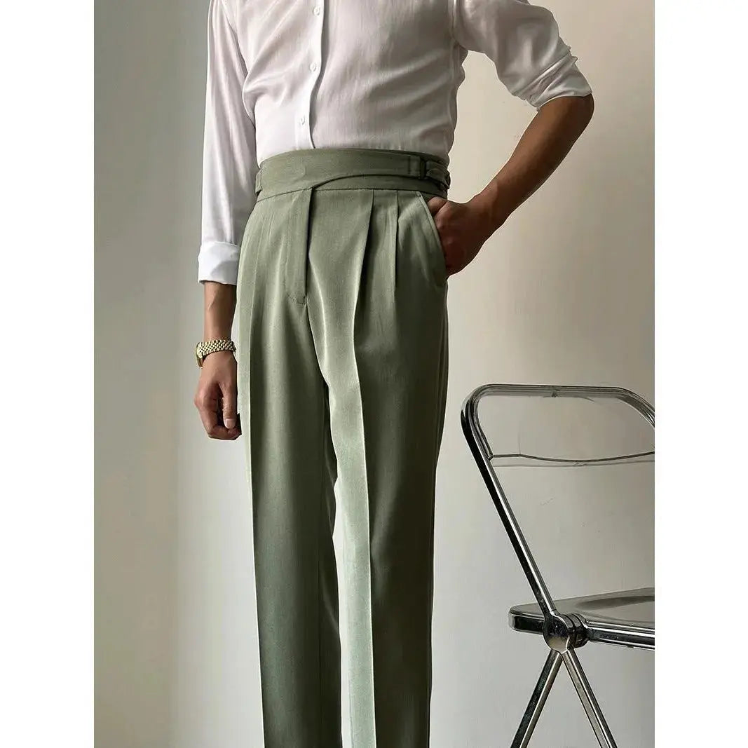British High Waist Men Pants Luxury Retro Business Casual Naples Straight Trousers Green Blue Khaki Elegant Male Long Trousers Hussaynce