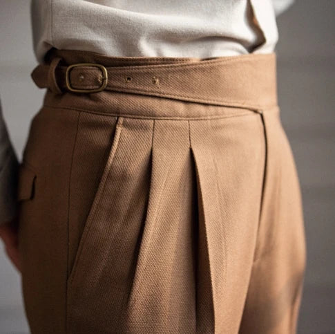 2024 New British Style Men High Waist Casual Dress Pant Belt Design Slim Trousers Formal Office Social Wedding Party Dress Suit Hussaynce