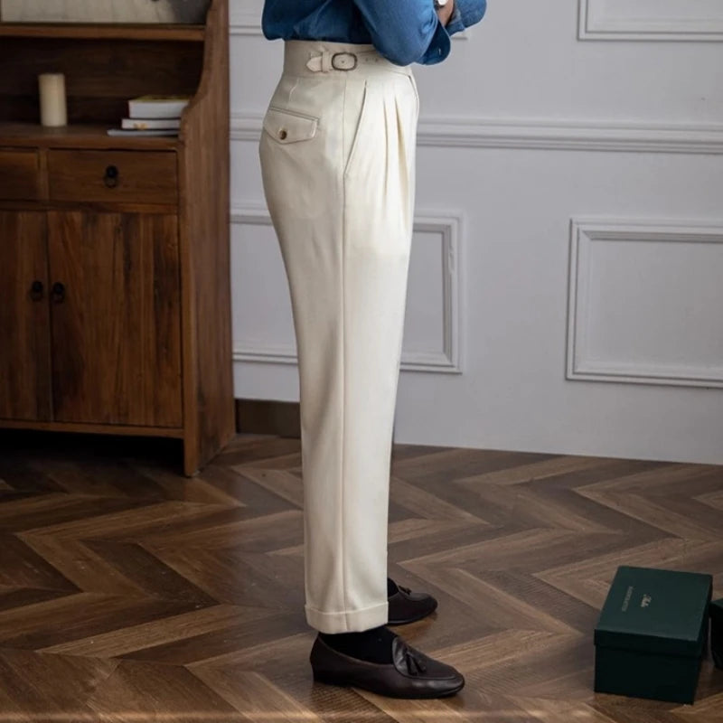 2024 New British Style Men High Waist Casual Dress Pant Belt Design Slim Trousers Formal Office Social Wedding Party Dress Suit Hussaynce