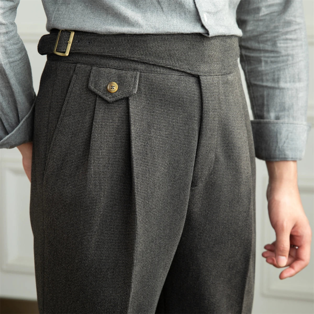 Deer Sanxian Business Gurkha Casual High Waist Straight Pants Commuter Autumn and Winter Warm Retro Straight Pants Men Hussaynce