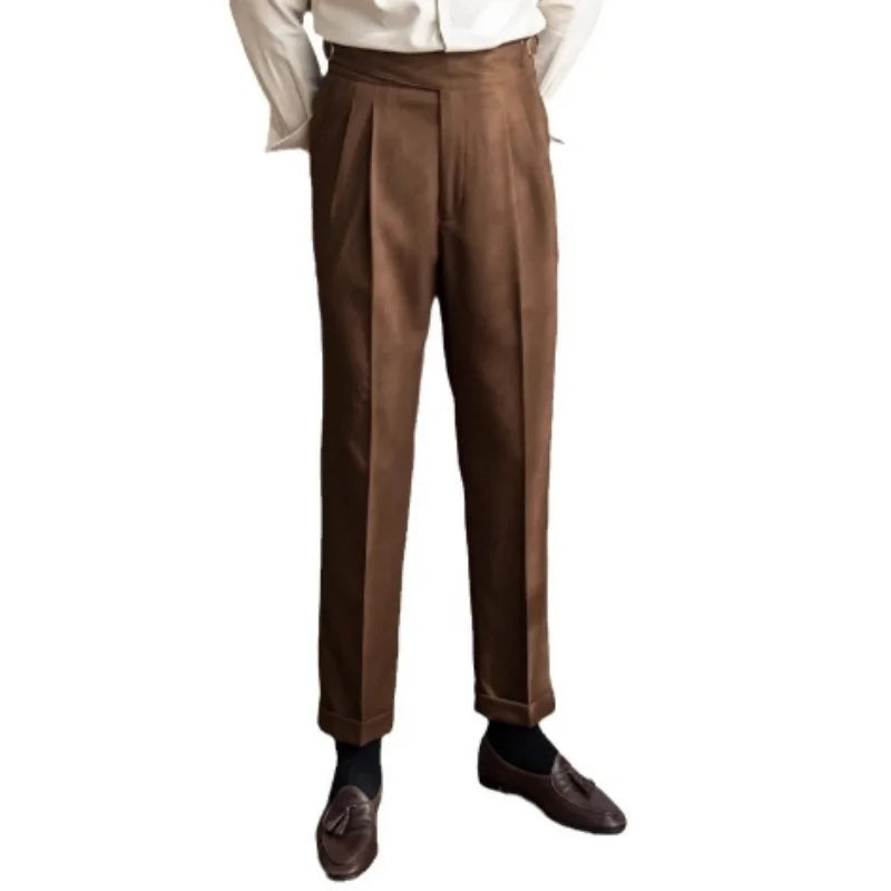2024 New British Style Men High Waist Casual Dress Pant Belt Design Slim Trousers Formal Office Social Wedding Party Dress Suit Hussaynce
