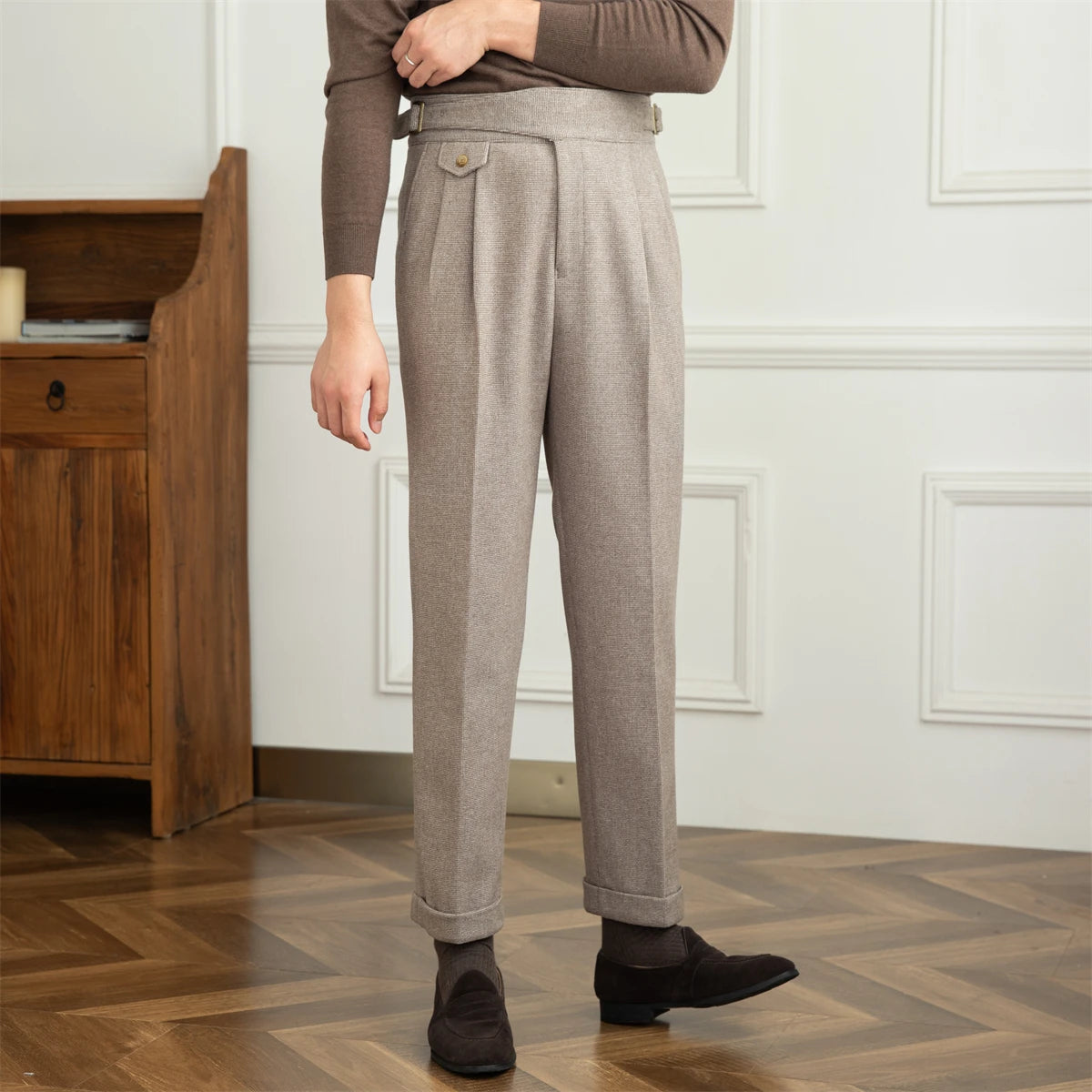 Deer Sanxian Business Gurkha Casual High Waist Straight Pants Commuter Autumn and Winter Warm Retro Straight Pants Men Hussaynce