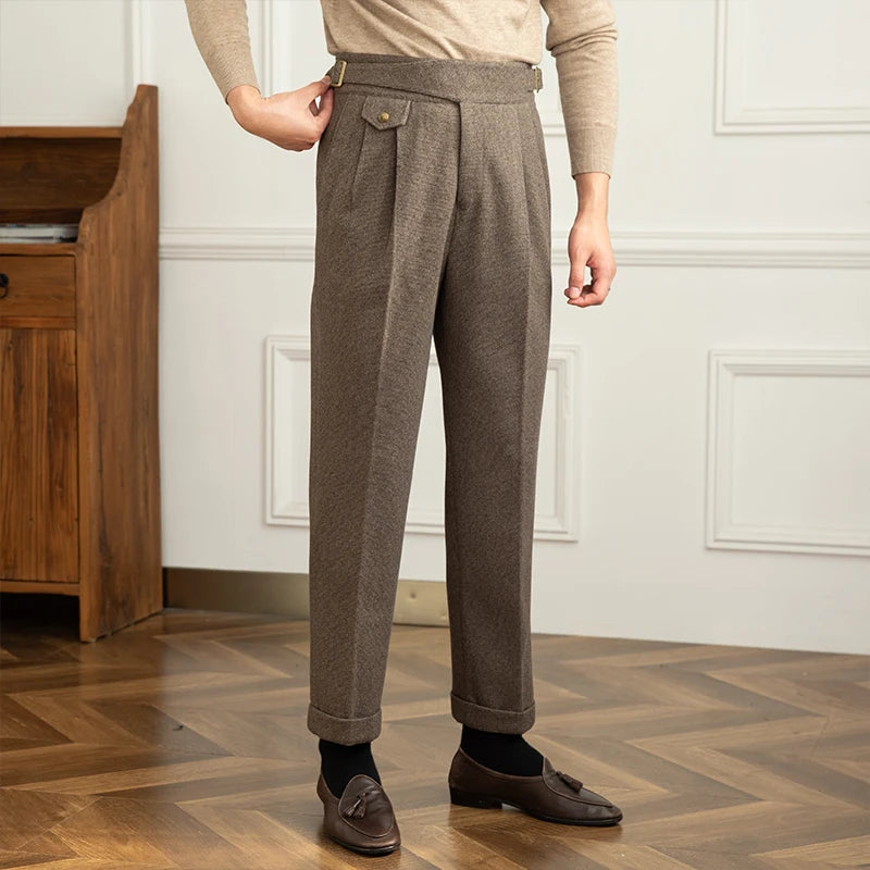 Deer Sanxian Business Gurkha Casual High Waist Straight Pants Commuter Autumn and Winter Warm Retro Straight Pants Men Hussaynce