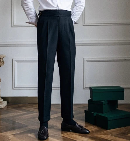 2024 New British Style Men High Waist Casual Dress Pant Belt Design Slim Trousers Formal Office Social Wedding Party Dress Suit Hussaynce