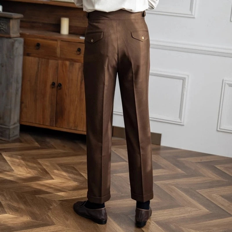 2024 New British Style Men High Waist Casual Dress Pant Belt Design Slim Trousers Formal Office Social Wedding Party Dress Suit Hussaynce