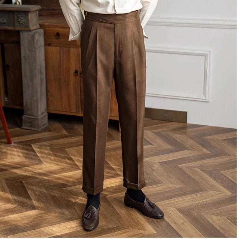 2024 New British Style Men High Waist Casual Dress Pant Belt Design Slim Trousers Formal Office Social Wedding Party Dress Suit Hussaynce